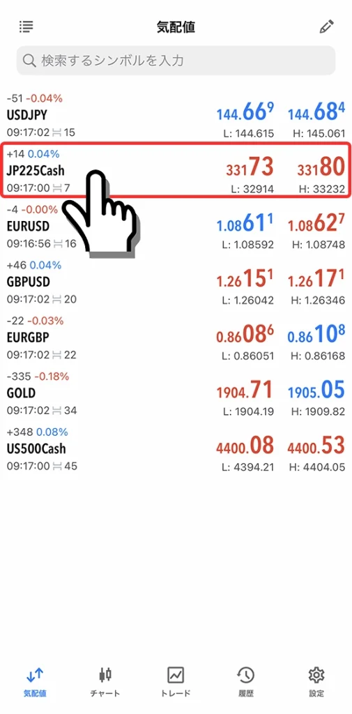 iPhone版MT5の銘柄選択画面